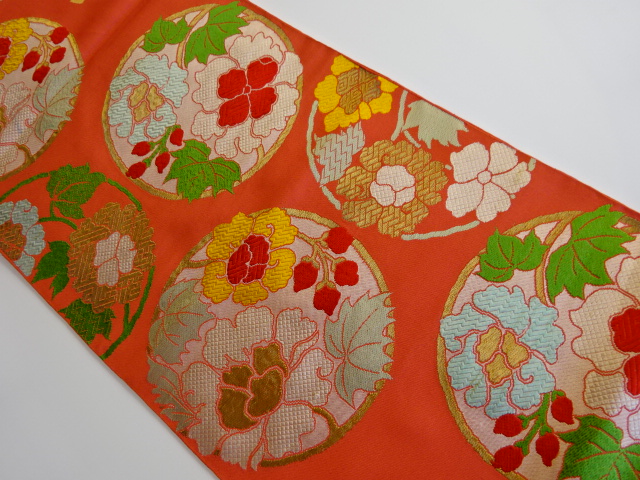 JAPANESE KIMONO / ANTIQUE FUKURO OBI / WOVEN FLOWERS